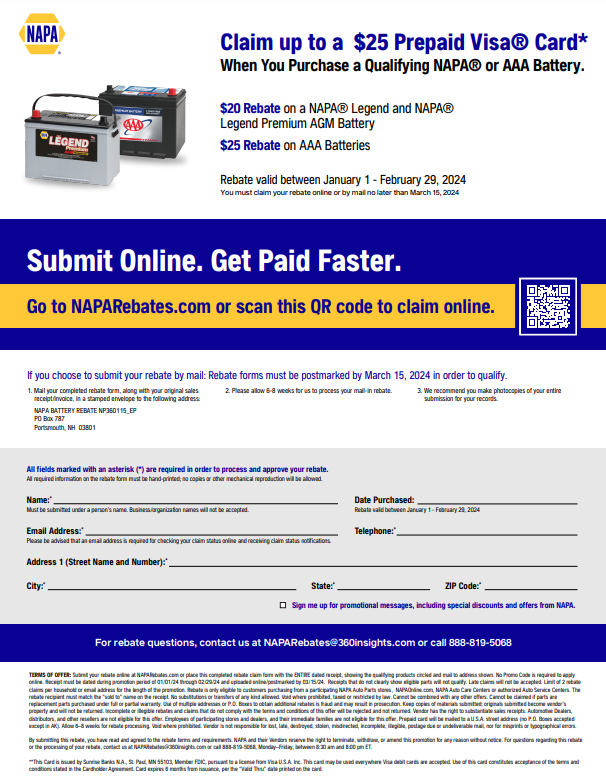 Napa Legend Battery Rebate Form